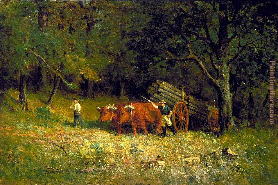 boy and man with oxen painting - Edward Mitchell Bannister boy and man with oxen art painting